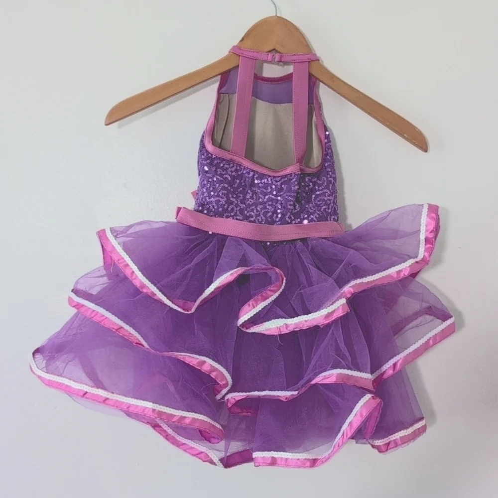 New Weissman Purple Pink Sequin Tutu Dance Costume Ruffle Skirt Halter Top XS